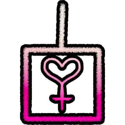a square outline with a line on top with a gradient transitioning from white at the top to bright pink at the bottom. Inside the square, a heart shaped female gender symbol is drawn in the center.